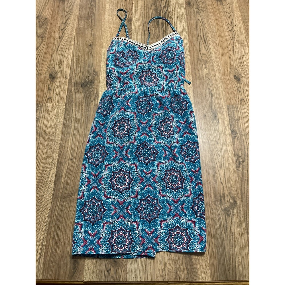 Three Pink Hearts Dress, Women's Medium, Blue Red White, Floral, Spaghetti Strap